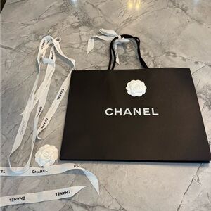 Chanel Gift Bag w Camellia, 3 Chanel branded ribbons & additional Camellia